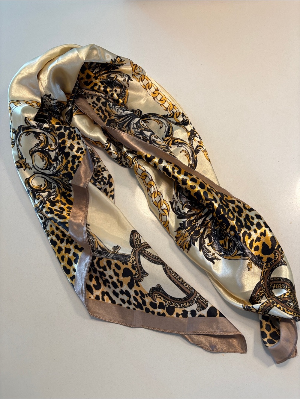 Vintage 80s MOSI Leopard & Chain Print Scarf in Cream and Gold